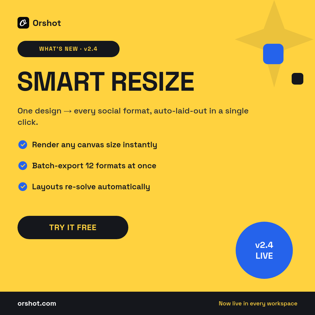 Bright-Yellow App Feature-Drop Card — Space Grotesk Headline, Blue Check Feature List, Version Coin & Try-It CTA