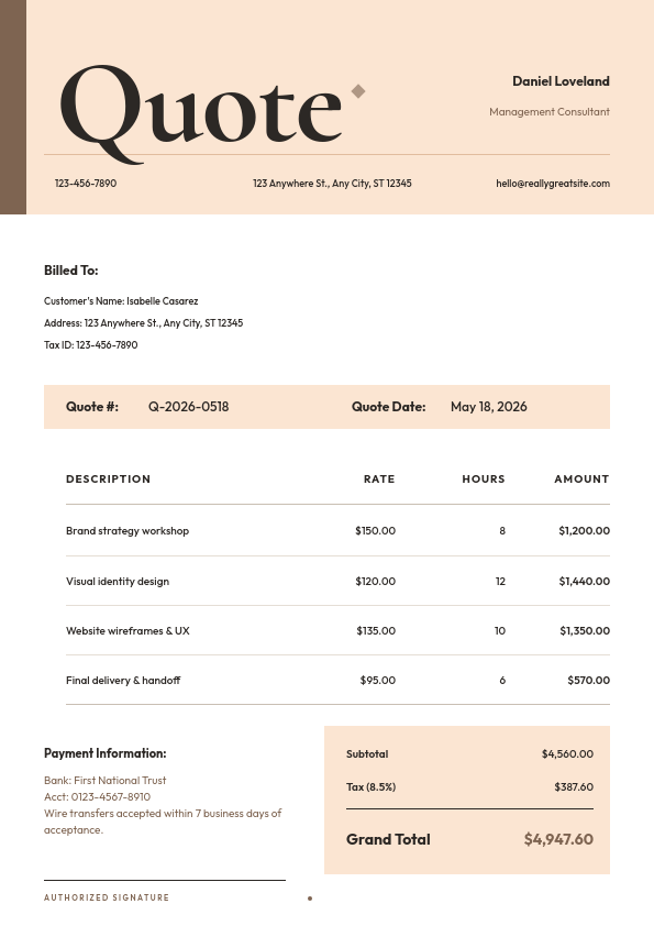 Blush Peach Minimal Service Quote with Bold Serif Title and Structured Pricing Table