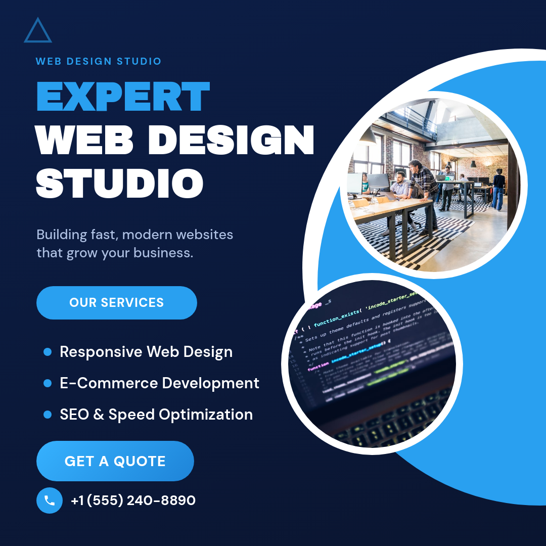 Bold Navy Web Design Studio Service Ad with Circular Photos