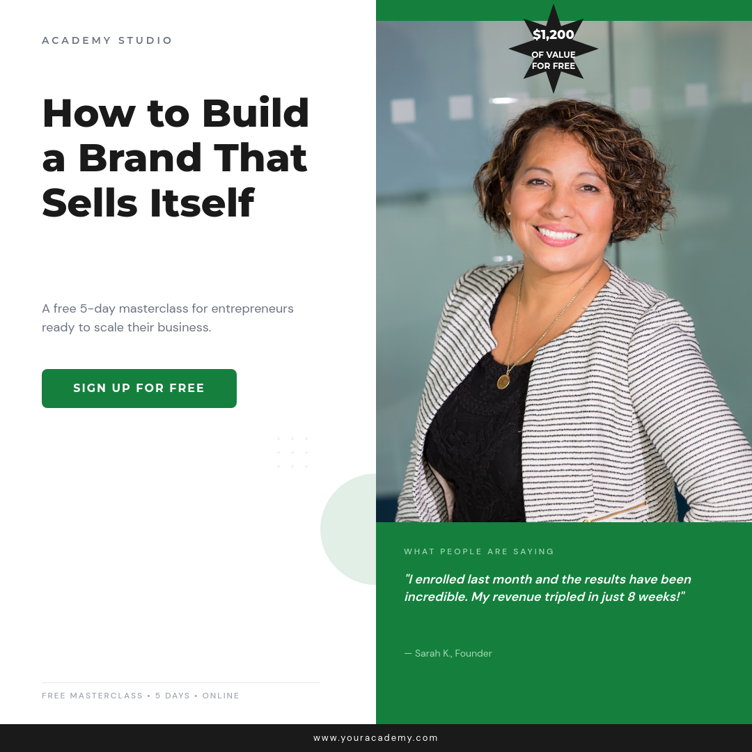 Online Workshop Ad with Green Split Layout and Value Starburst Badge