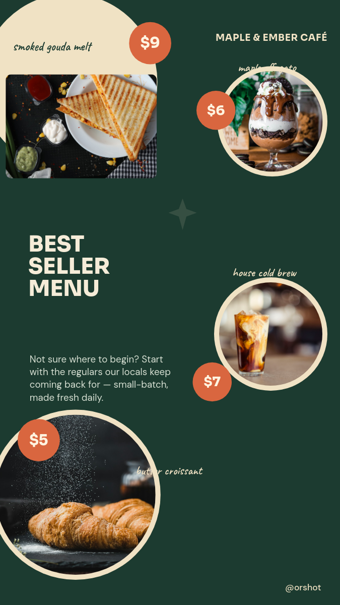 Forest-Green Café Best-Seller Menu Story — Photo Ellipses & Price Tags