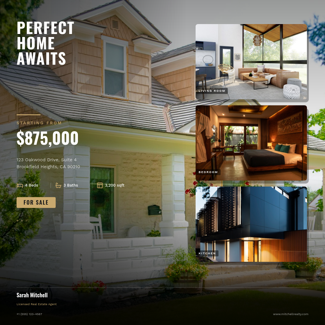 Full-Bleed Multi-Photo Property Listing with Overlapping Interior Gallery and Bold Condensed Headline