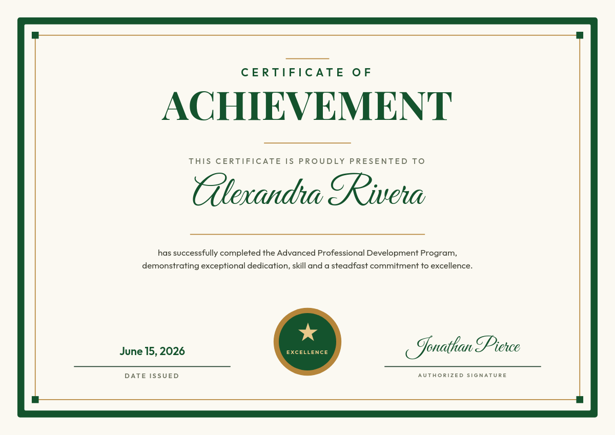 Forest Green Certificate of Achievement with Brass Seal & Frame