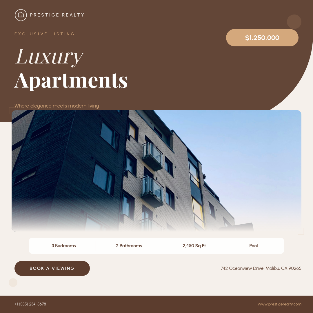 Luxury Apartment Listing with Curved Mocha Overlay and Serif Headline