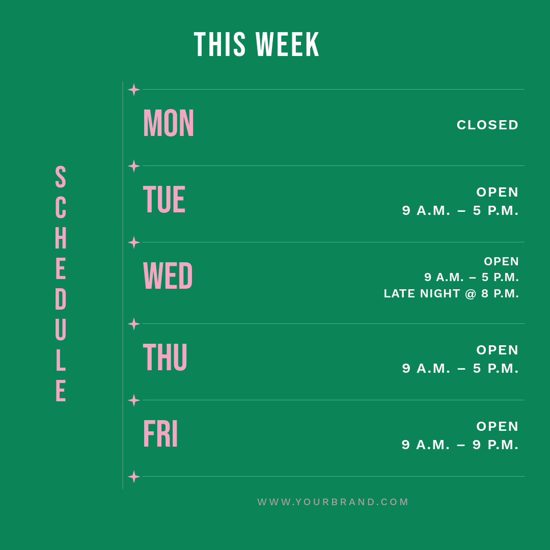 Bold Emerald Weekly Schedule Post with Vertical Title and Sparkle Dividers