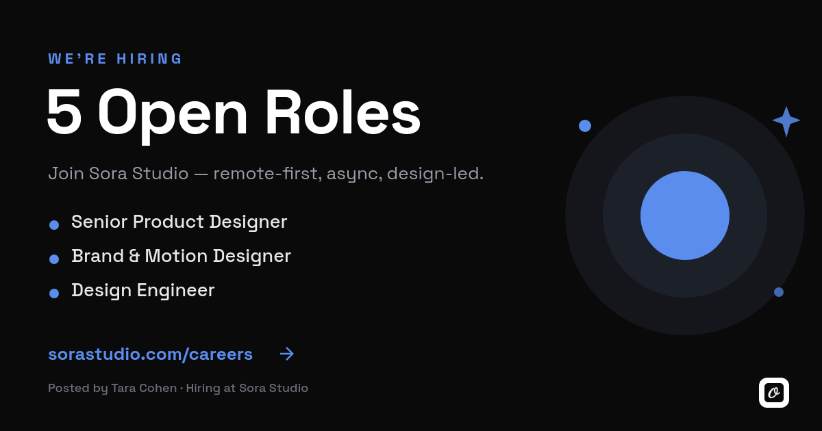 Black Minimal We're Hiring OG Card — Space Grotesk Headline, Blue Accent Orbit Mark & Role List