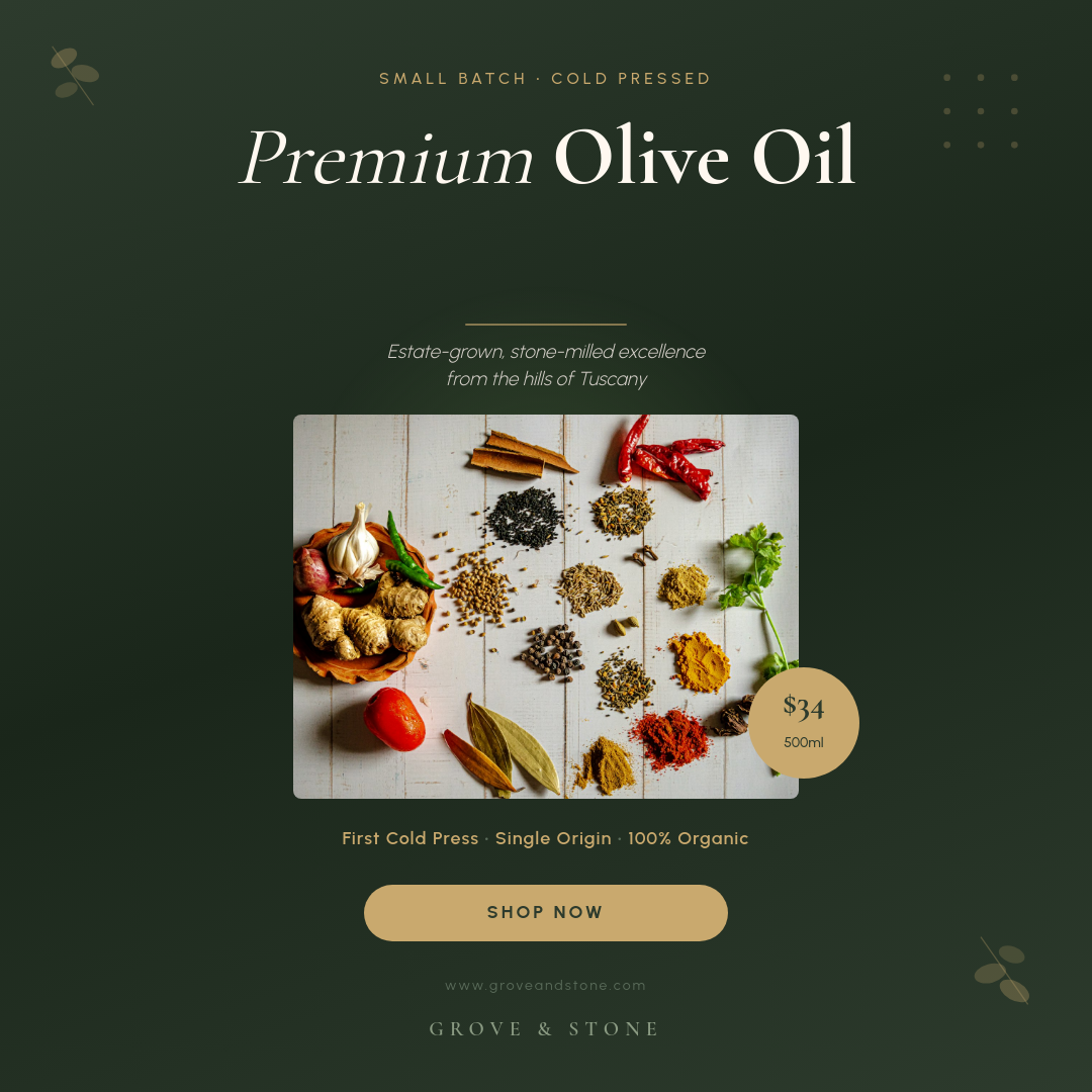 Dark Olive Premium Product Launch with Gold Accents and Serif Italic Headline