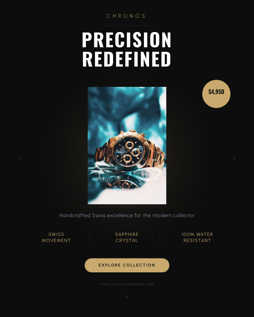 Dark Luxury Watch Product Showcase with Gold Accent Glow and Condensed Typography