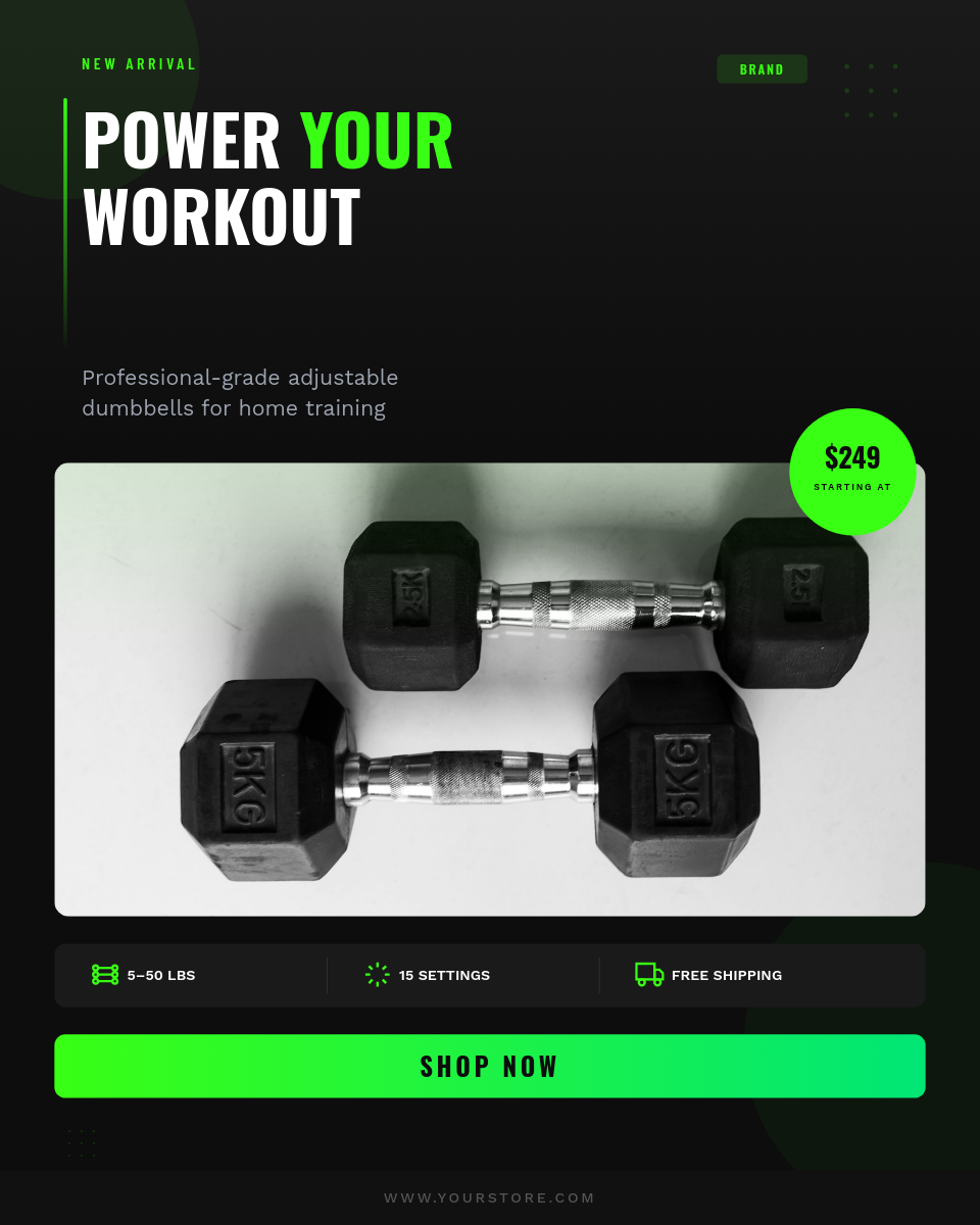 Bold Dark Home Gym Equipment Ad with Neon Green Accents and Product Hero