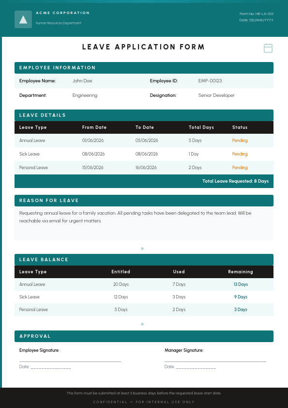 Professional Leave Application Form with Teal Section Headers