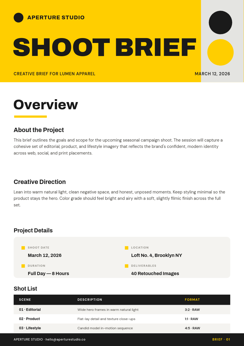 Bold Yellow Photo Shoot Brief Document with Geometric Header