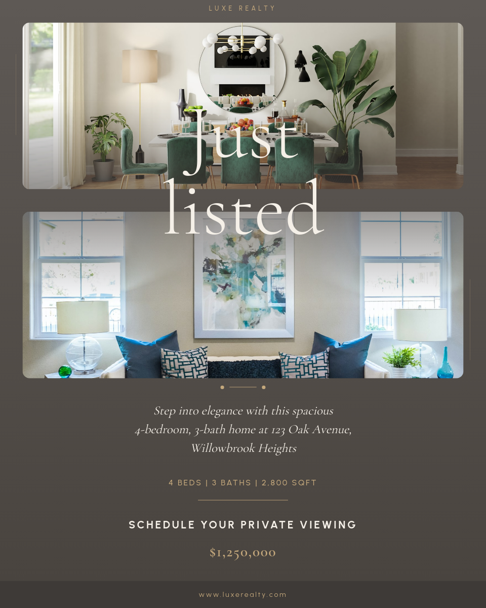 Elegant Just Listed Overlapping Serif on Dual Interior Photos