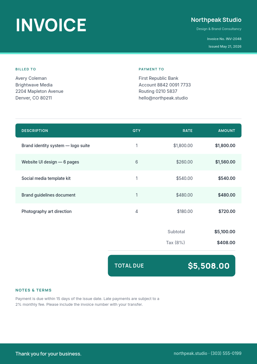 Teal Header Professional Invoice with Itemized Table