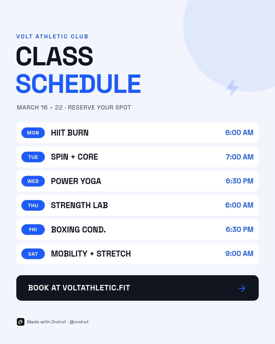 Electric-Blue Weekly Class Schedule — Space Grotesk Bold Headline, Day Pills & Time-Slot Rows