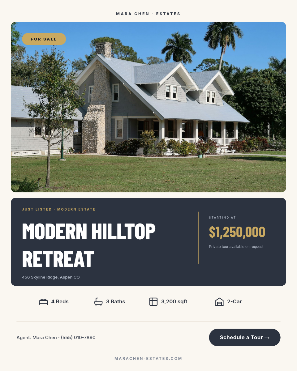 Warm White and Slate Modern Hilltop Retreat Just Listed Luxury Real Estate Instagram Post 4:5 with Hero Photo, Dark Slate Headline Panel, Barlow Condensed Stacked Display, Gold Price and Four Icon Spec Row