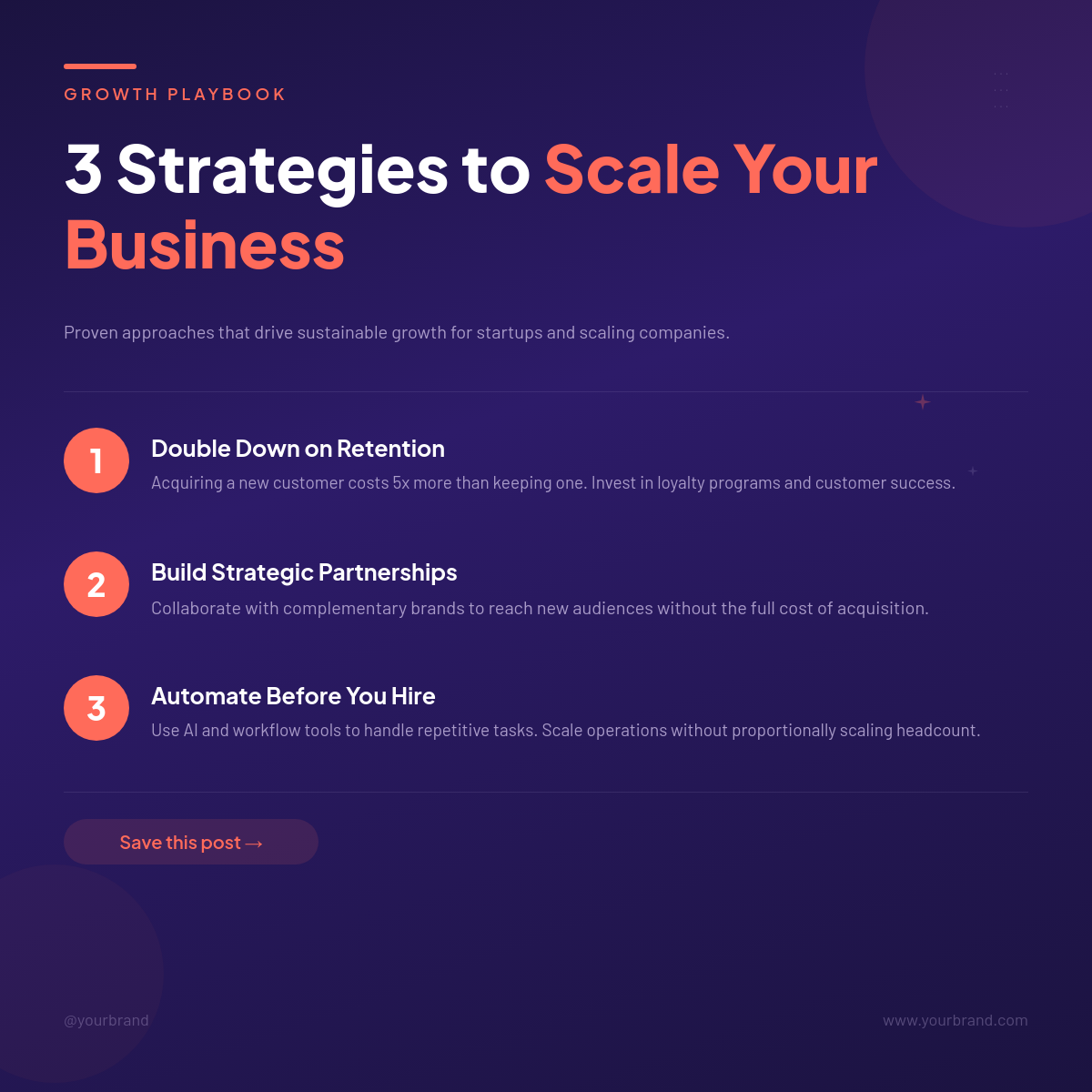 Bold Indigo Three-Point Strategy Card with Numbered Coral Circles and Clean Sans Layout