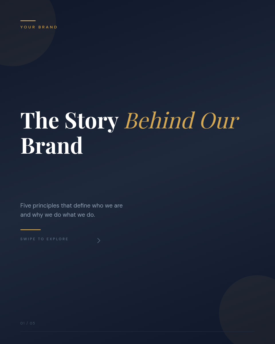 Navy Gold Brand Story Carousel with Numbered Slides