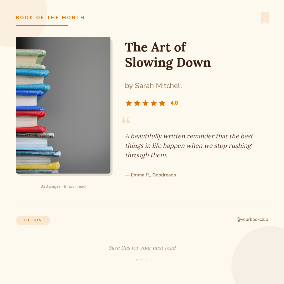 Cozy Book Recommendation Card with Star Rating and Italic Review Quote