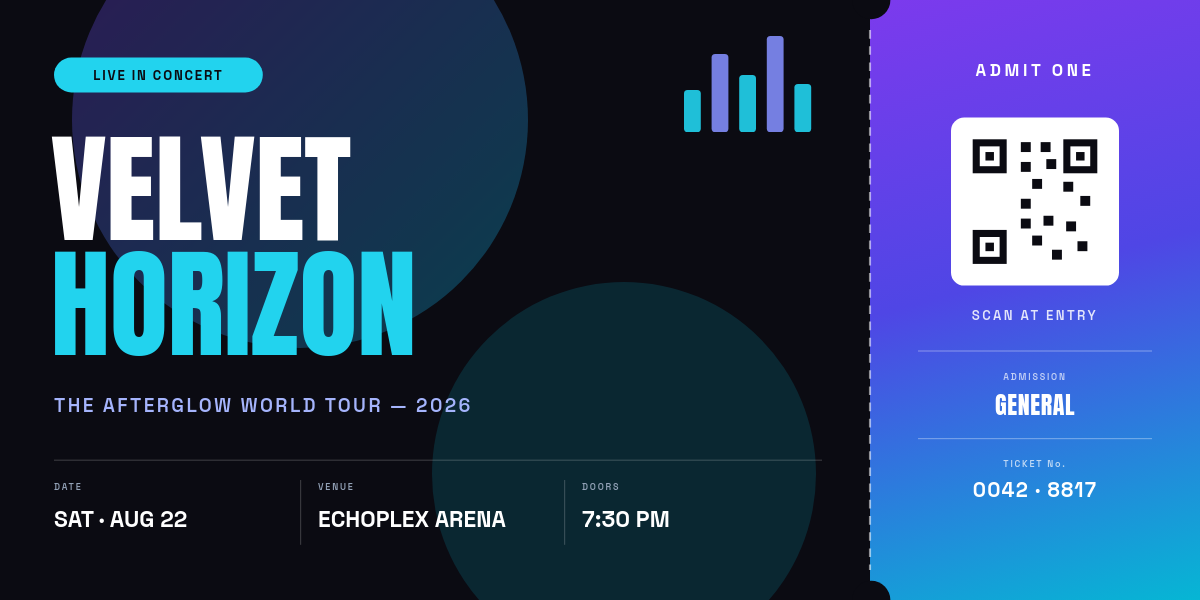 Electric Neon Concert Ticket with Giant Artist Name and QR Stub