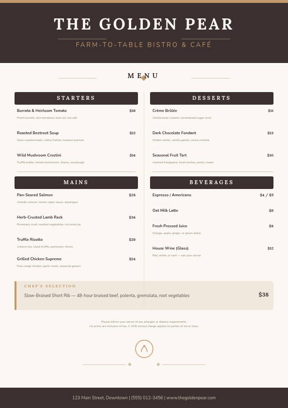 Café Menu Card — Warm Serif Two-Column