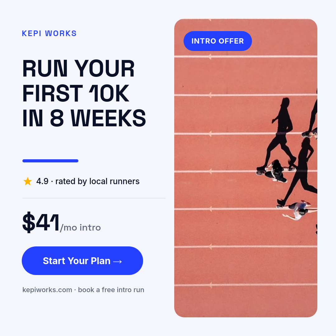 Clean Tech Run-Coaching Ad — Electric Blue CTA, Benefit Headline