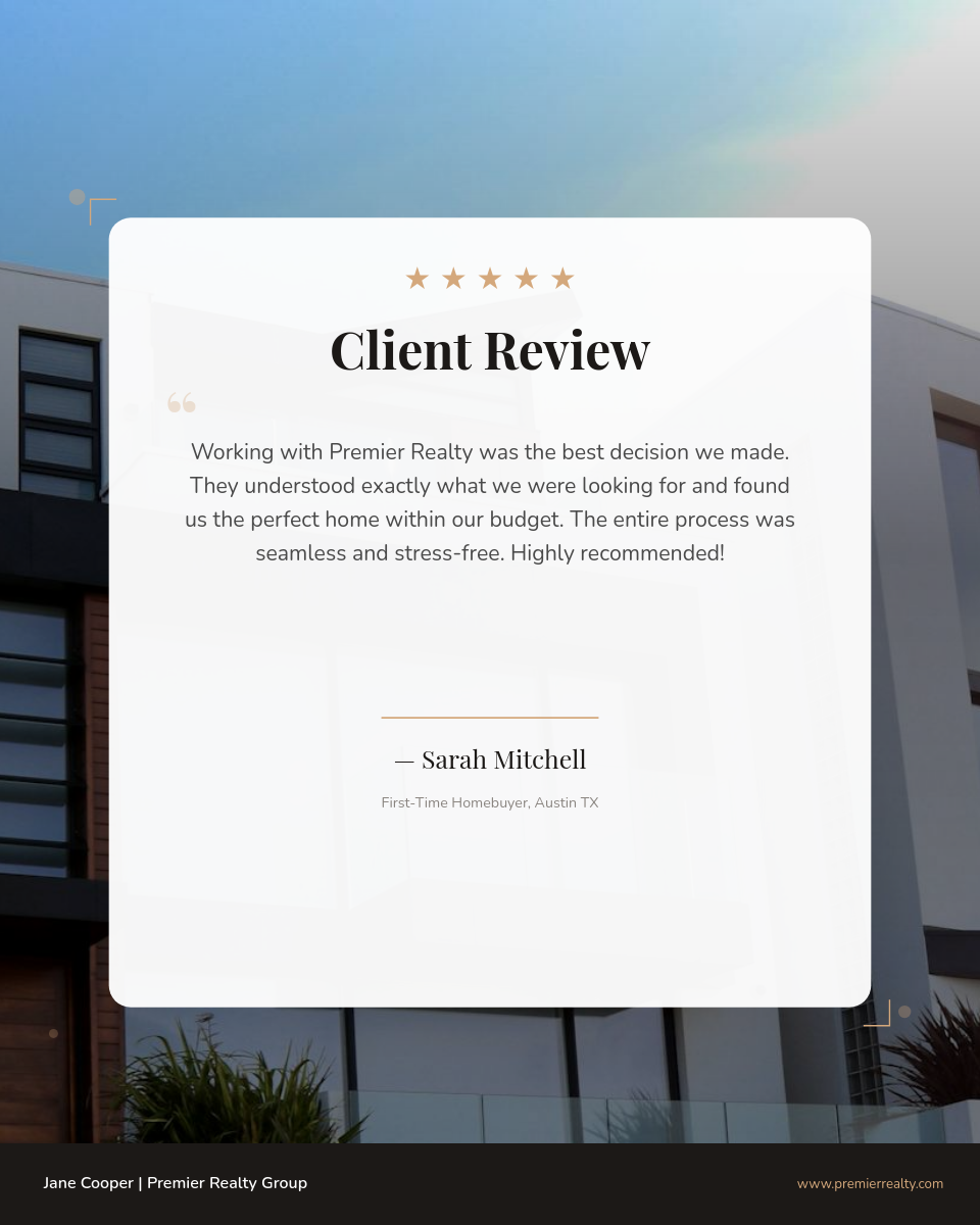 Warm Property Client Testimonial Card with Gold Stars and Rounded Card Overlay