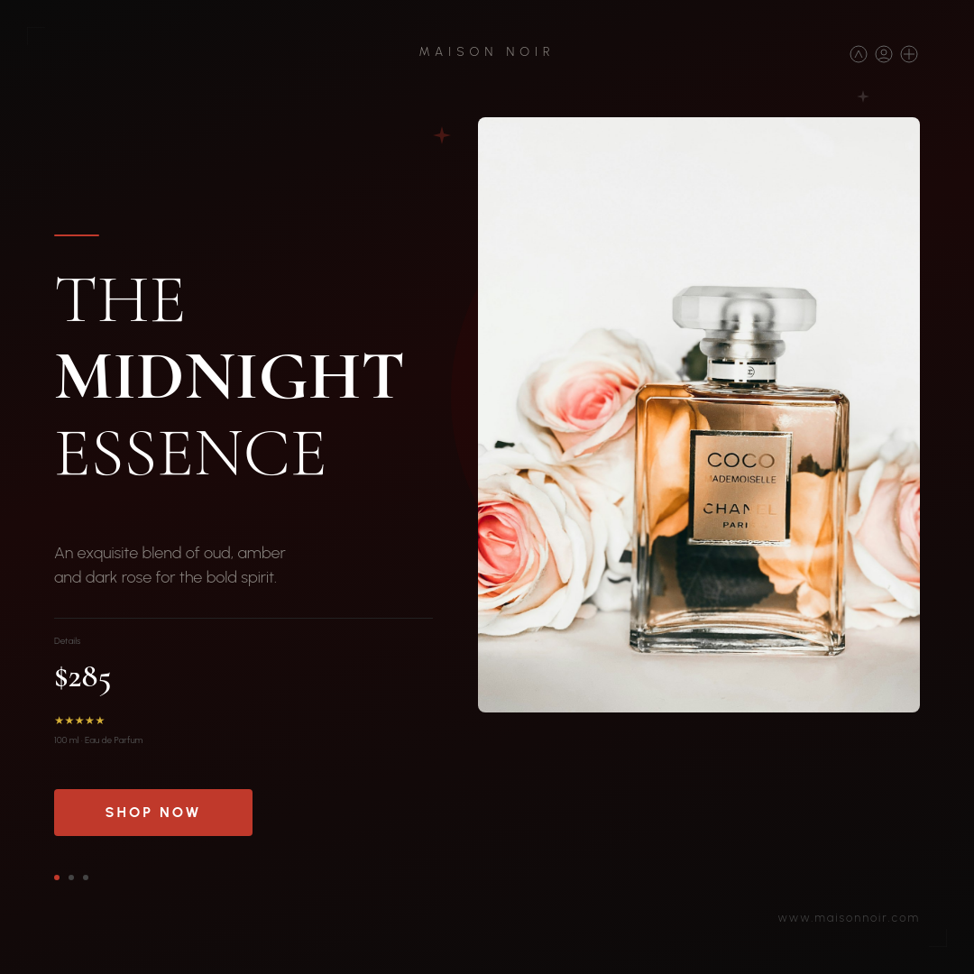 Dark Moody Luxury Fragrance Product Ad with Bold Serif Headline and Red CTA