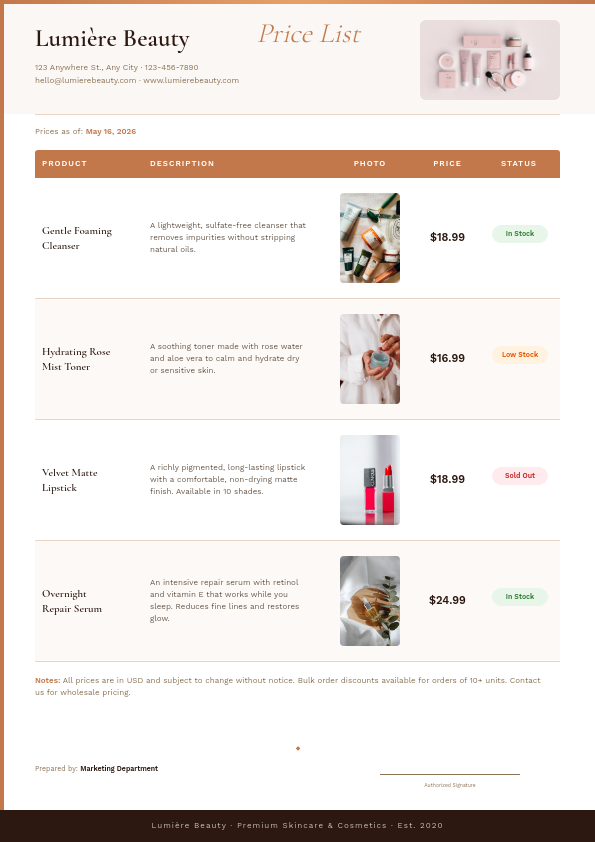 Elegant Product Price List with Photo Catalog and Availability Status