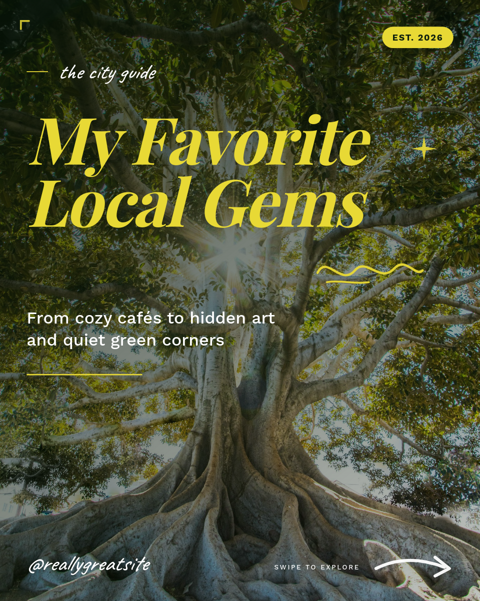 Deep Forest Green Local City Guide Post with Bold Yellow Serif Italic Headline and Handwritten Scribble Doodles