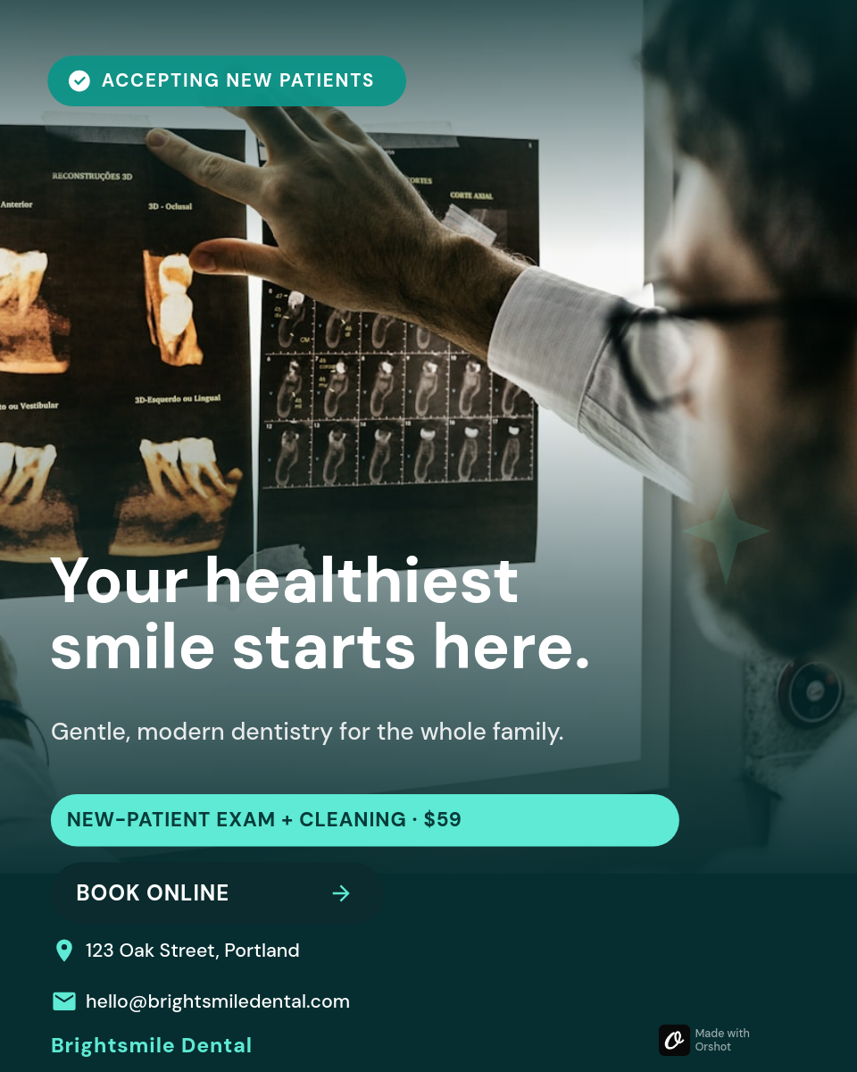 Teal Dental Clinic New-Patient Ad — Photo Hero, DM Sans Headline, Mint Offer Pill & Contact Bar
