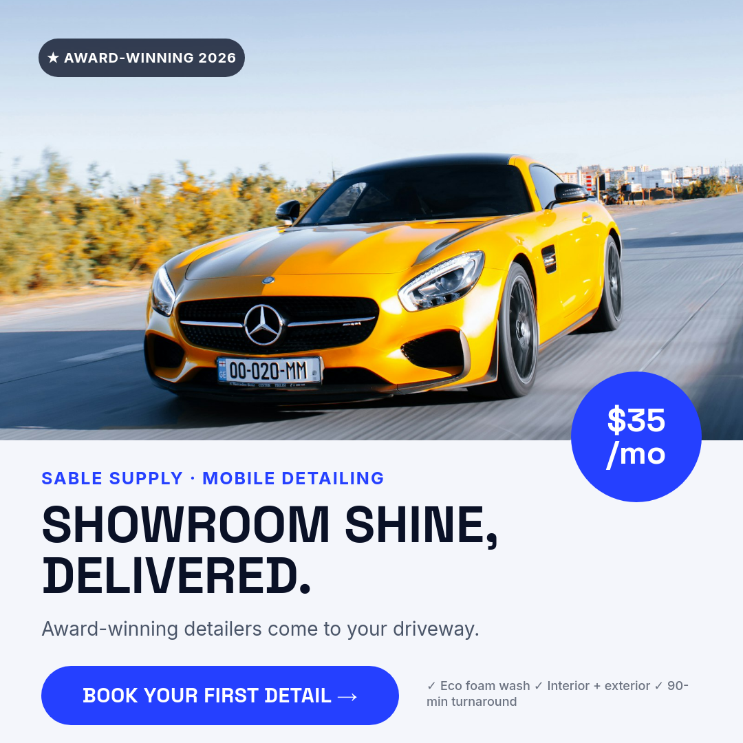 Mobile Car Detailing Ad — Clean White & Electric Blue Price Badge