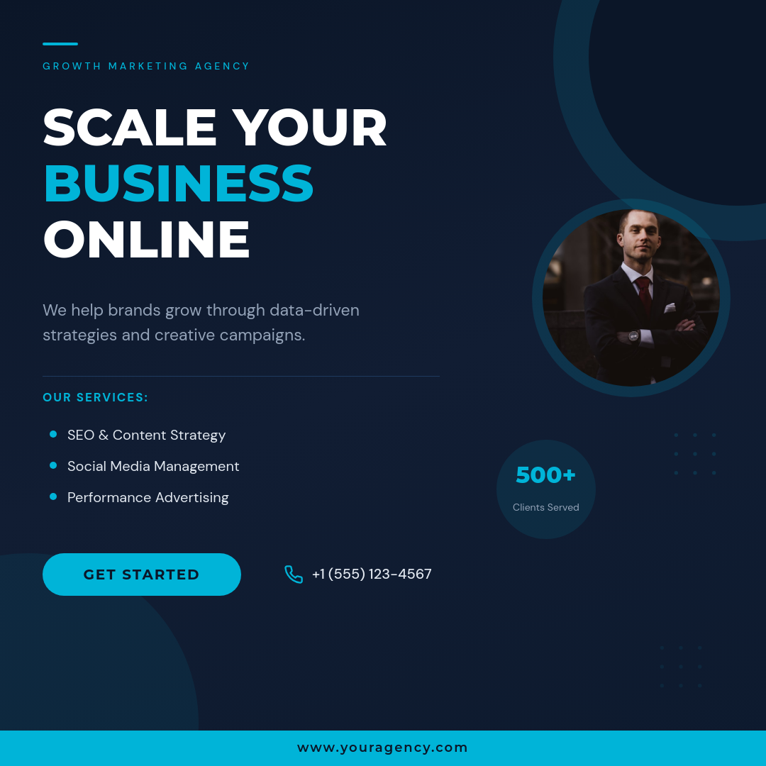 Dark Navy Digital Agency Service Ad with Cyan Curved Accents and Headshot Circle