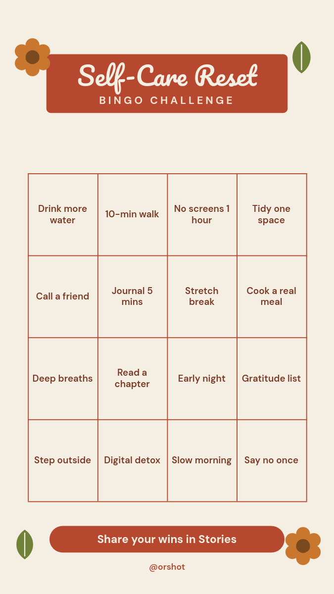 Self-Care Bingo Story — Paper Band, Floral Corners & 4×4 Grid (Rust)