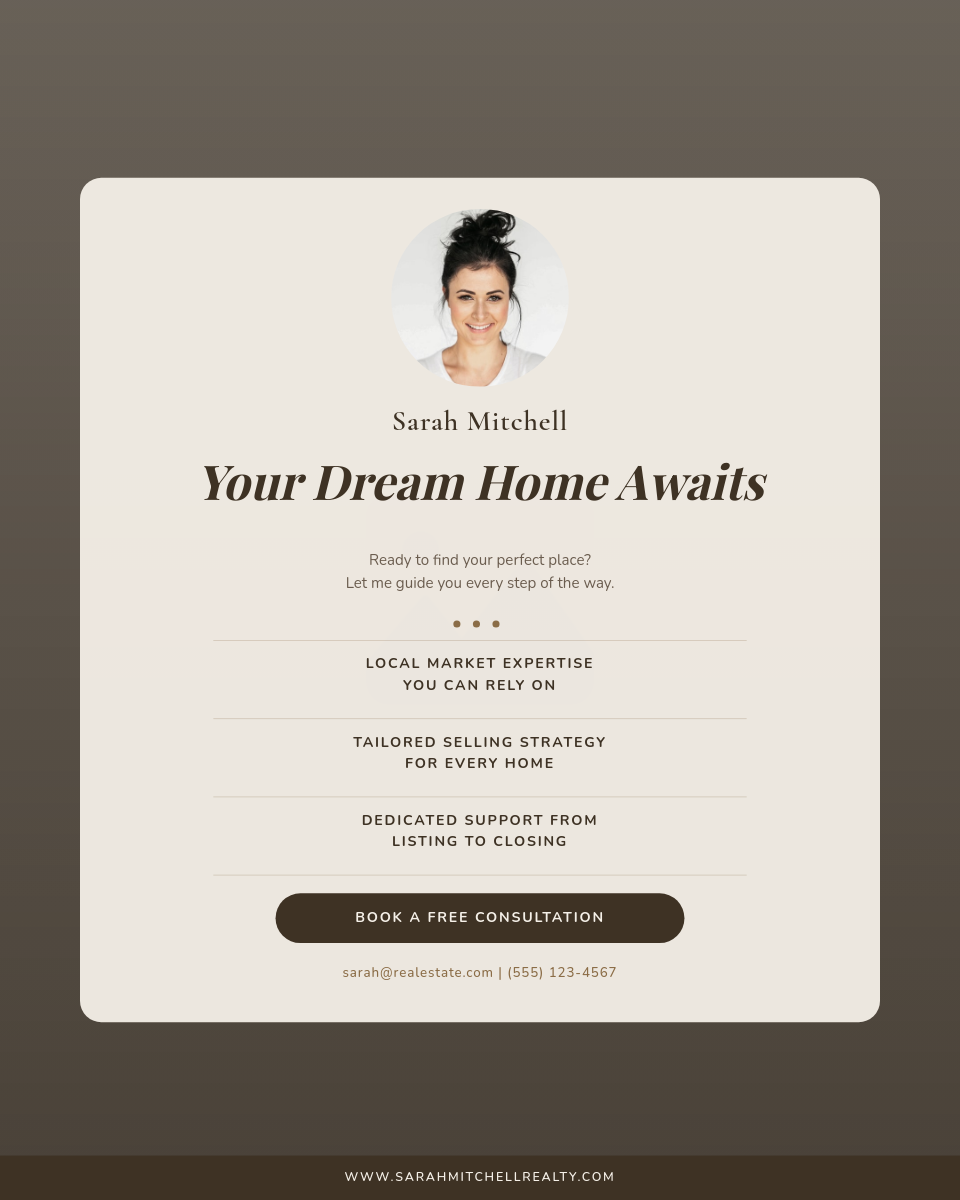Warm Cream Agent Card with Service Points on Property Photo Background