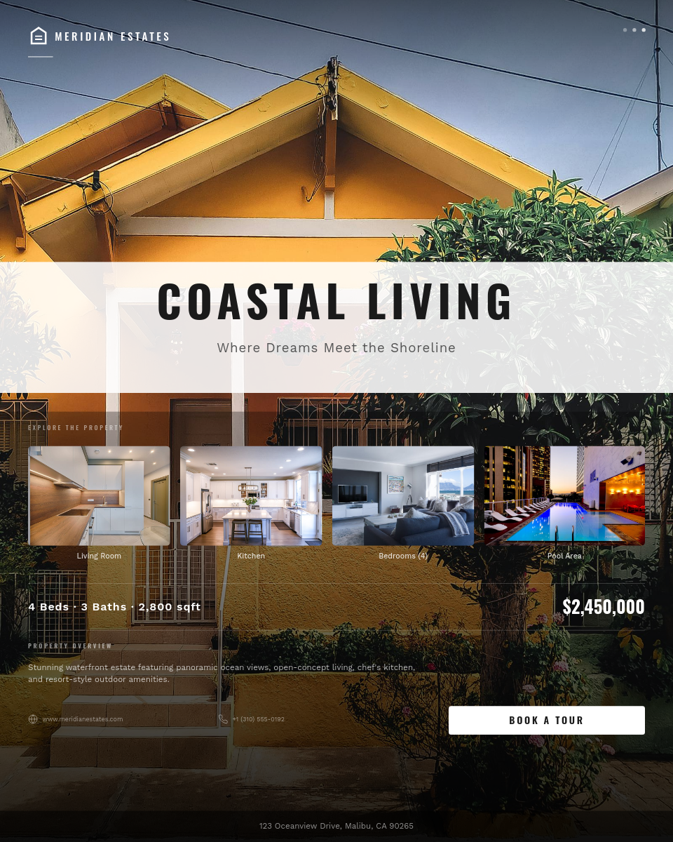 Luxury Waterfront Property Showcase with Room Gallery and Specs Bar