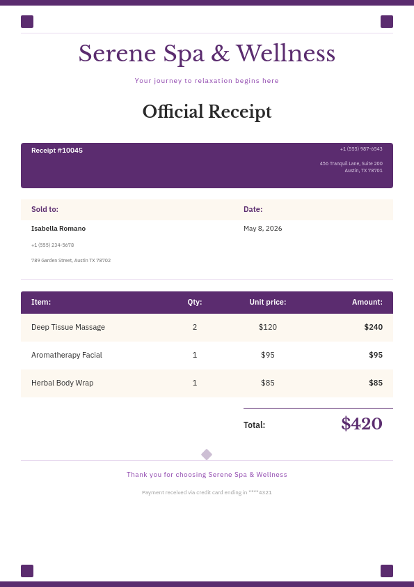 Elegant Plum Spa Receipt with Serif Business Name and Structured Line Items Table