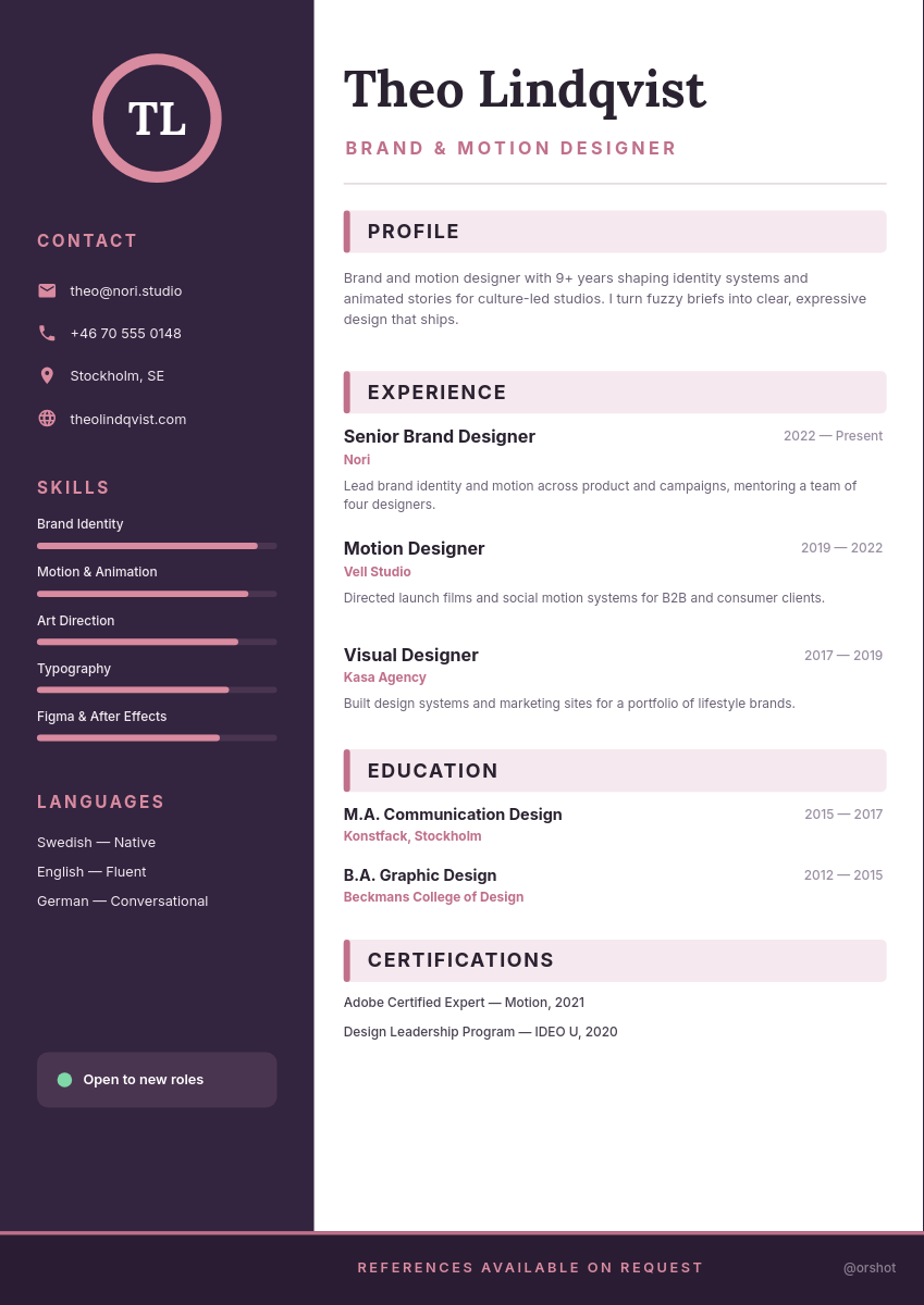 Plum & Blush Creative Resume — Lora Serif Name, Sidebar Skill Bars & Section Bands