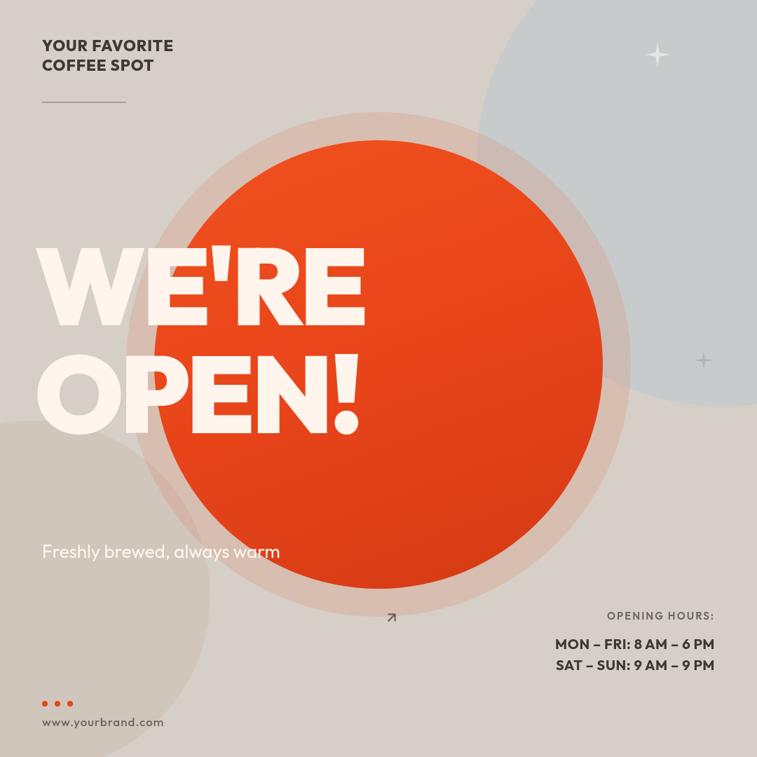 Bold Vermillion Grand Opening Announcement with Giant Condensed Text and Glowing Circle