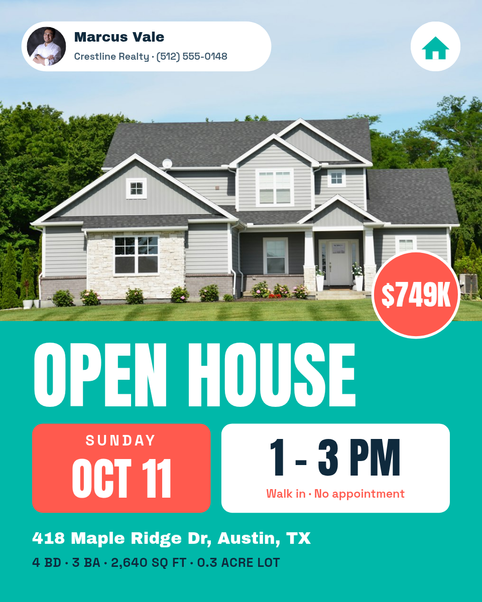 Real Estate Open House Post + Story — Turquoise & Coral - Page 1