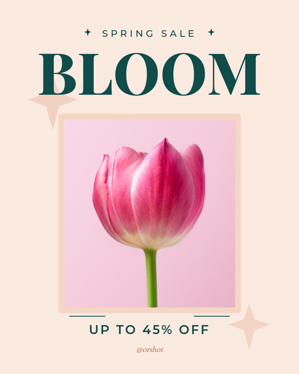 Editorial Spring Sale Poster — Serif BLOOM over Tulip Photo, Teal & Peach