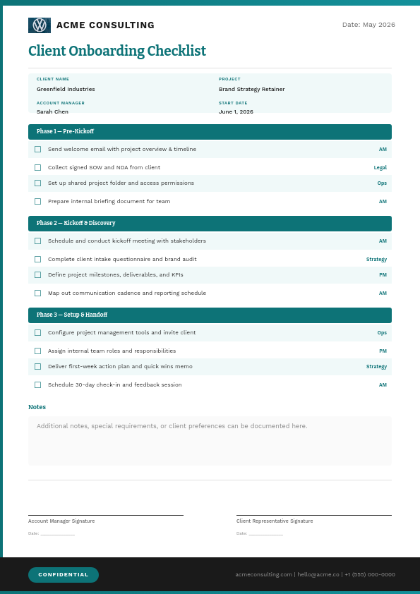 Professional Client Onboarding Checklist with Teal Section Headers and Phase Tracking