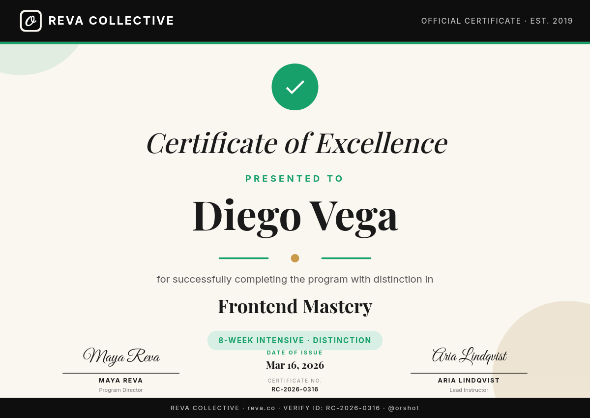 Modern Certificate of Excellence — Black Bars, Emerald Seal & Playfair Recipient Name