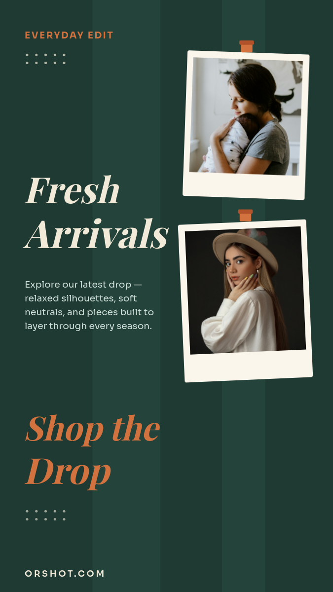 New Collection Fashion Story — forest green with clipped polaroids