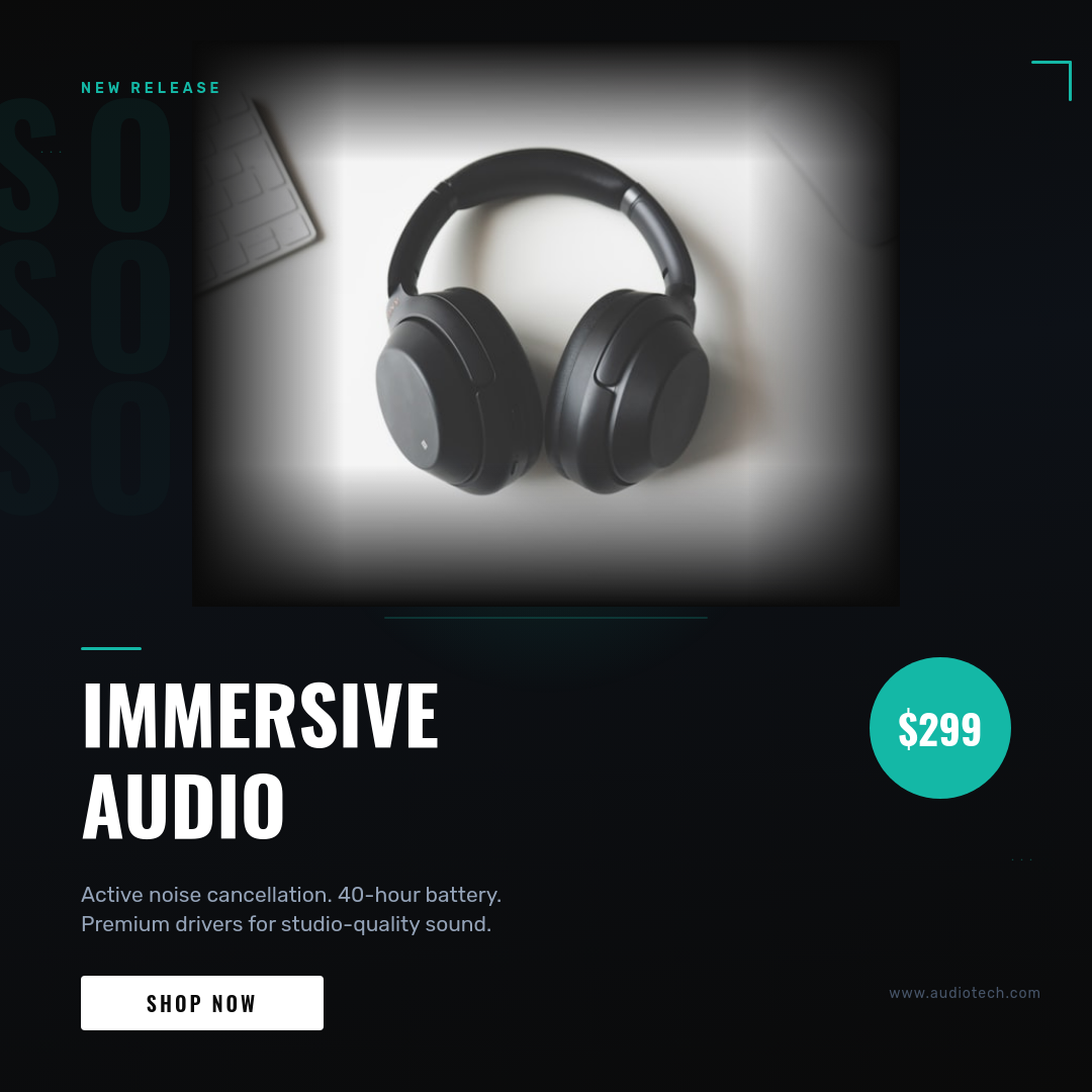 Dark Sporty Wireless Headphones Ad with Teal Glow and Repeated Faded Text