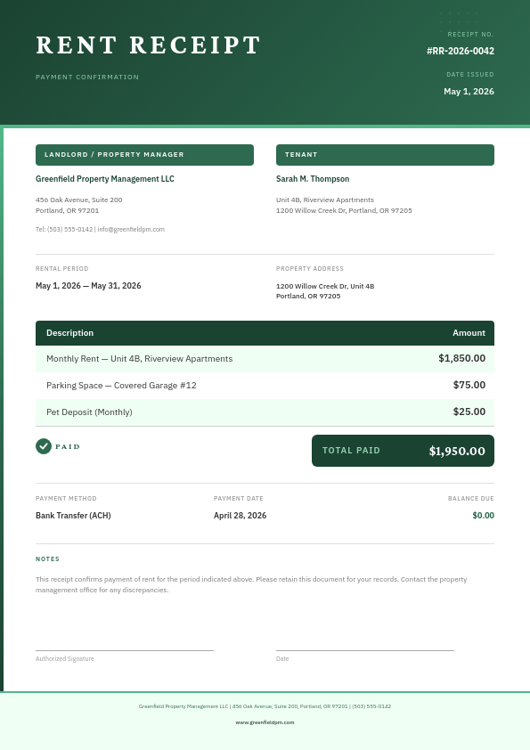 Clean Forest Green Rent Receipt with Structured Payment Table and Emerald Accents