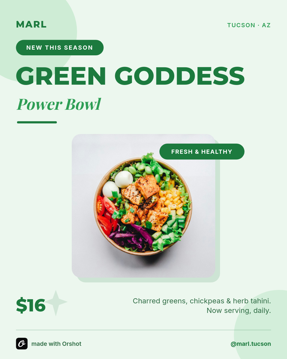 Fresh Mint-Green New Bowl Launch — Bold Caps Title, Playfair Italic Tagline & Rounded Dish Photo