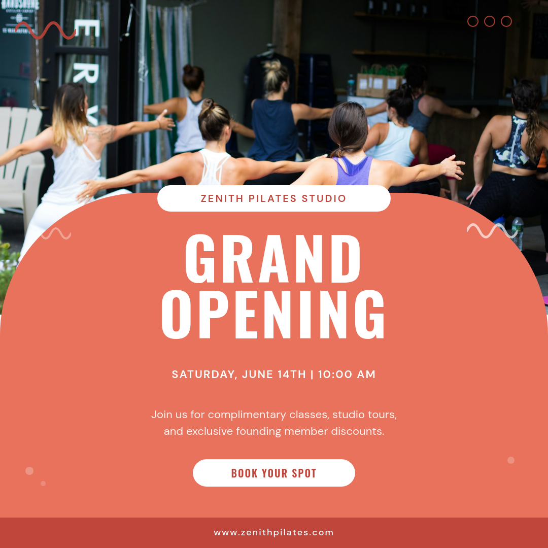 Warm Coral Pilates Studio Grand Opening with Curved Shape Overlay and Wavy Accents