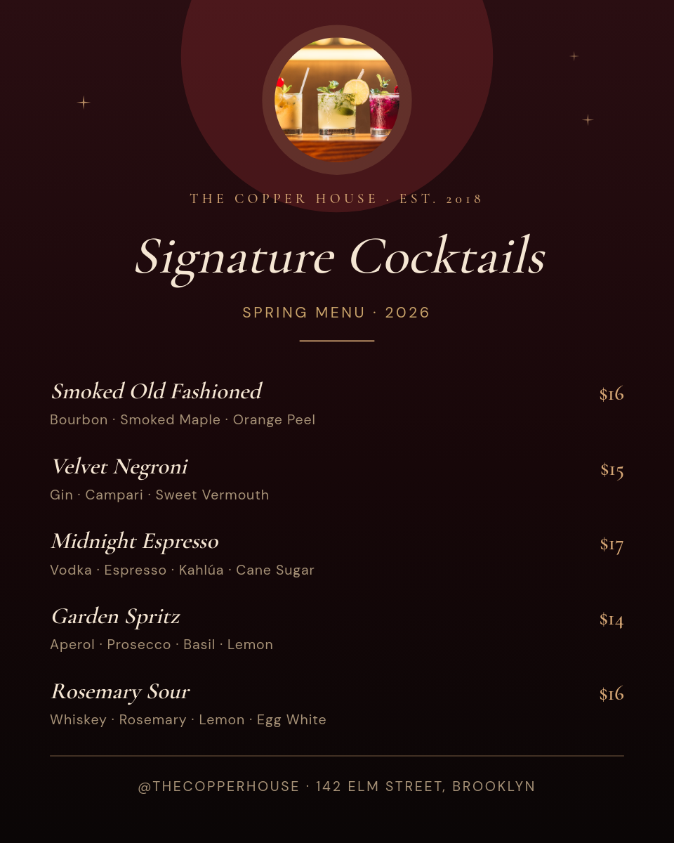 Moody Dark Burgundy Signature Cocktails Menu Portrait