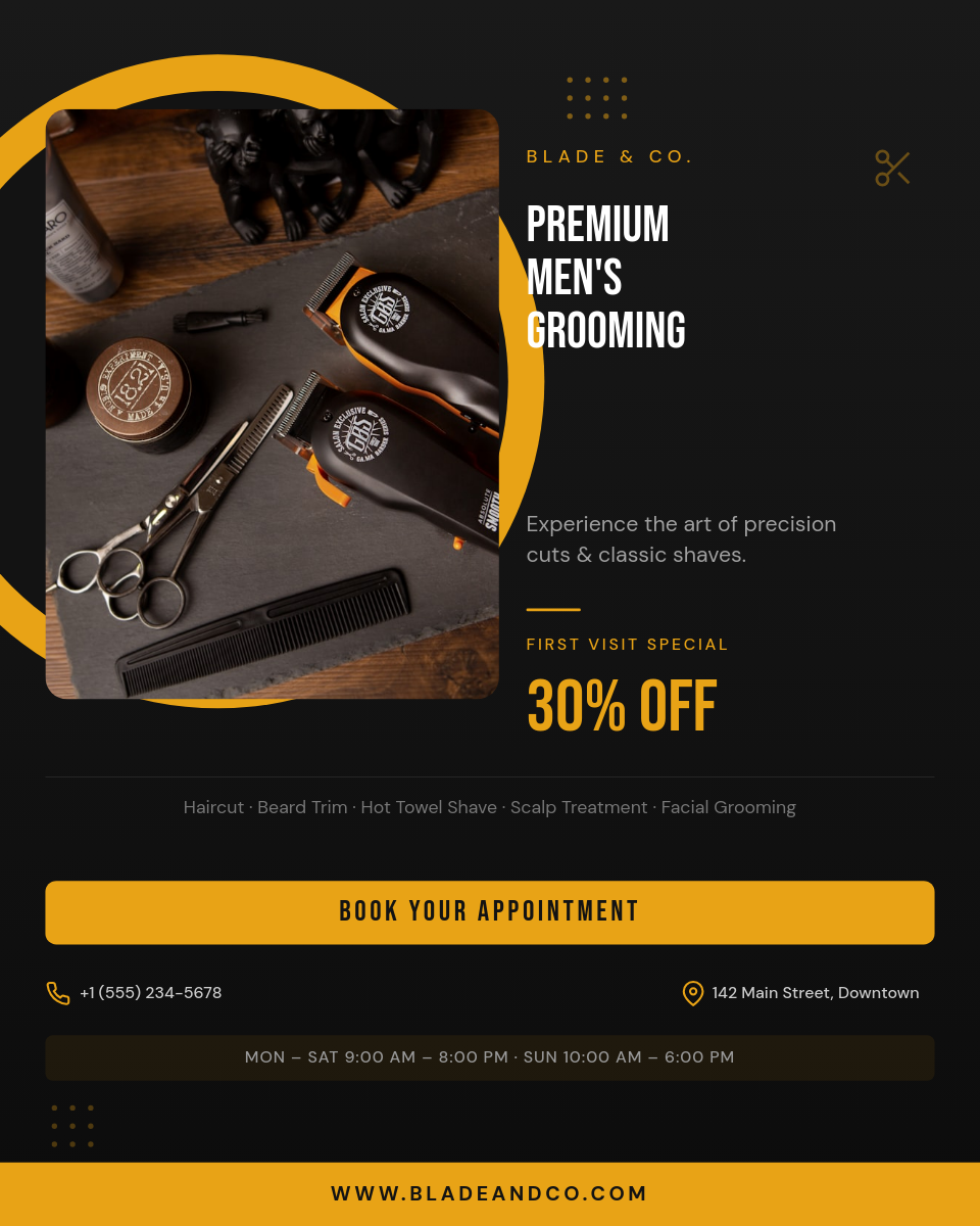 Bold Barbershop Grooming Promo with Amber Accent Curve