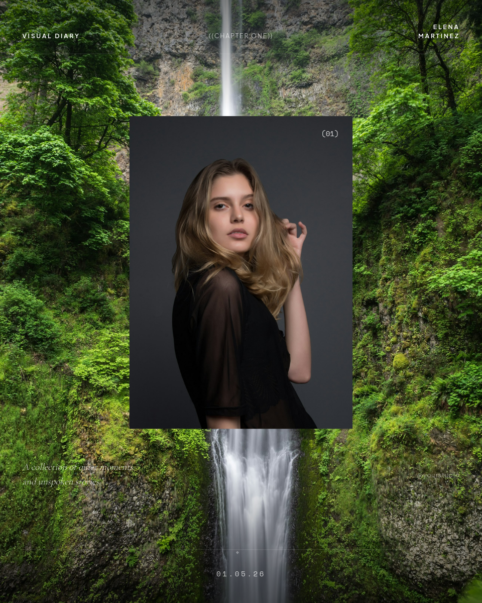Editorial Visual Diary Cover with Layered Portrait on Landscape